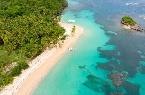 Aerial view of a tropical beach with lush green palm trees, golden sand, and turquoise water. Two boats are anchored near the shore. Small rocky land formations are visible in the water.