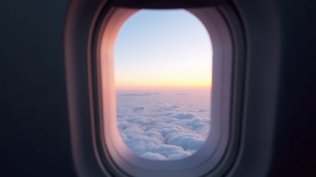 View from an airplane window showing a vibrant sunset above a sea of fluffy clouds. The sky transitions from deep blue to warm orange and pink hues near the horizon.