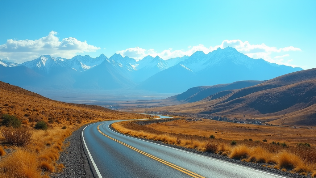 A winding road curves through a dry, grassy landscape under a clear blue sky. Snow-capped mountains rise majestically in the background, creating a vivid contrast with the golden terrain in the foreground.